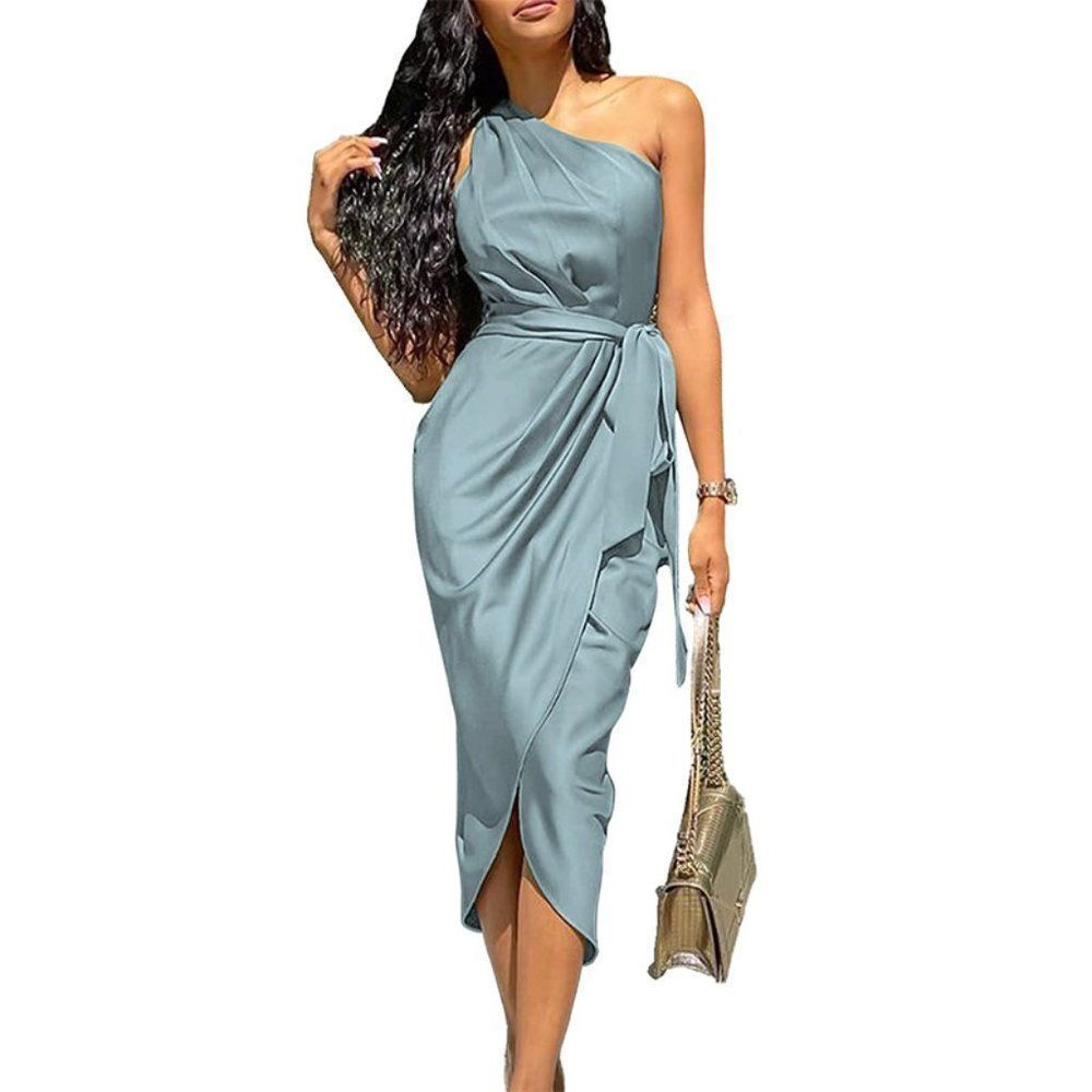 𝅺one Shoulder Bodycon Dress Satin Belted Blue